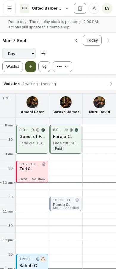 Jibisha's mobile calendar showing appointments and staff for a demo business.